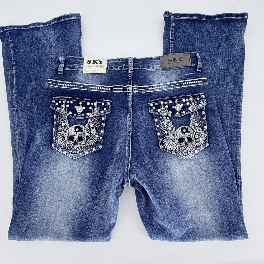 SKY Premium Collection Heart Angel Wings Halo Bling Rhinestone Bootcut Jeans 13